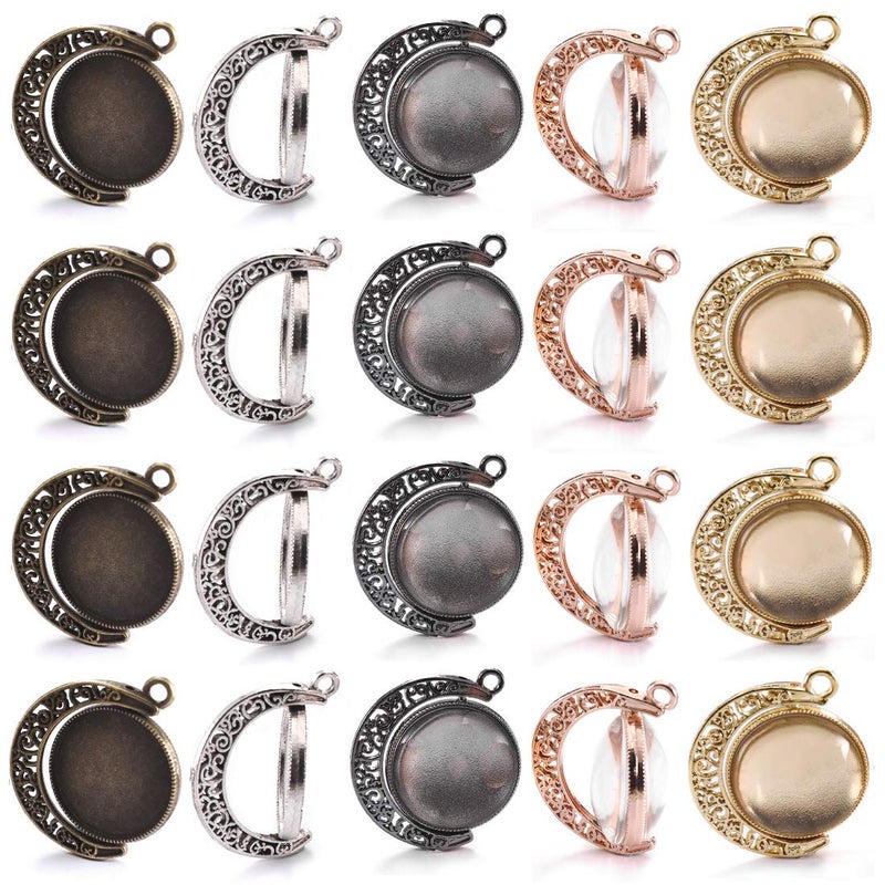 DROLE 60Pcs Moon Rotation Pendant Trays Kit-20Pcs 25mm Double Side Cabochon Setting and 40Pcs 25mm Rond Glass Cabochons for Jewelry Making DIY Crafts 5 Colors - Image 1